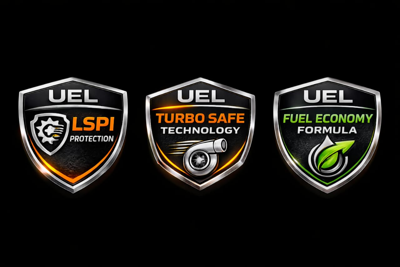 UEL technology artwork showing LSPI Protection, Turbo Safe Technology and Fuel Economy Formula